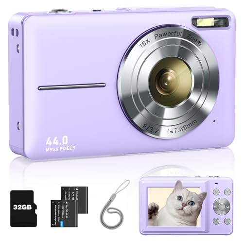 Digital Camera FHD 1080P 44MP Kids Camera with 32GB Card, 2 Batteries, Lanyard, 16X Zoom Anti Shake, Compact Portable Small Point Shoot Camera Gift for Kid Student Children Teen Girl Boy(Light Purple)