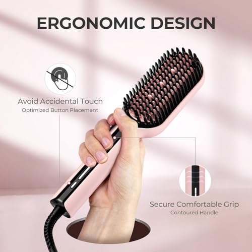 TYMO Ionic Plus Hair Straightener Brush UK, Upgraded Straightening Brush with Dense Bristles for Thick Hair, 16 Temps (80℃~230℃) LED Display, 10 Million ions, Dual Voltage, Hot Comb for Women (Pink)