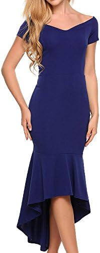 Onbay Womens Evening Dress Off Shoulder V Neck Flouncing Mermaid Formal Prom Party Gowns (M, Navy Blue)
