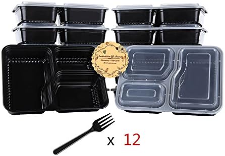 Meal Prep Containers, Aestheticism 3 Compartment Meal Prep Lunch Box &amp; Fork [12 pack] 38oz Food Grade Durable Plastic 21 Day Fix Bento Box with Airtight Lid, Microwave