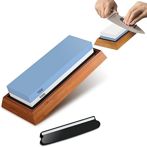 Knife Sharpener Stone Combination with Double-Sided 1000/6000 Grit Knife Sharpening Stone Kit for Kitchen Outdoor Knives Whetstone with Non-Slip Rubber Bamboo Base Angle Blade Guide &amp; Flattening Stone