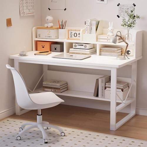 DAYONG Modern Minimalist Study Desk with Bookshelf, 100CM Computer Table with Multi-Level Storage, PC Gaming Workstation Home Office Writing Desks (White-100cm)