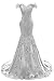 Asoiree Women's Off Shoulder Evening Gown Lace Mermaid Beading Sequins Appliques Prom Dresses Crystal Sweetheart Sleeves Silver 14