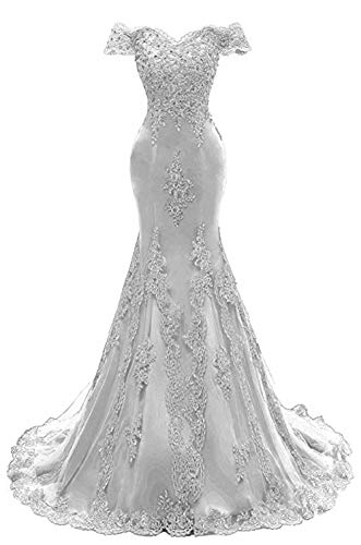 Asoiree Women's Off Shoulder Evening Gown Lace Mermaid Beading Sequins Appliques Prom Dresses Crystal Sweetheart Sleeves Silver 14