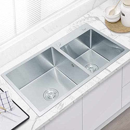洗面台 お洒落 キッチンシンク 流し台 キッチンシンク304ステンレス鋼の挿入図シンクユニットダブルボウルストレーナードレンバスケットで2 0ボウル キッチンシンクボウル Size 430mm 410mm 780 750