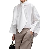 UOOZEE Women's Long Sleeve Tie Neck Button Down Shirts Cotton Dressy Elegant Office Work Blouse Tops