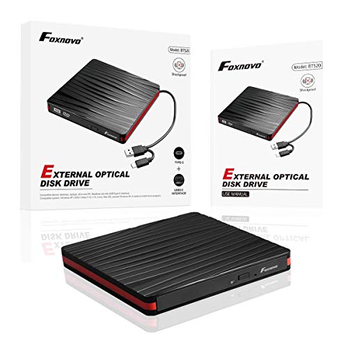 Foxnovo External CD Drive with USB 3.0 & Type-C Interface for DVD-ROM/DVD±R/DVD-R DL/CDA/CD-ROM/CD-R/VCD/SVCD/CD-RW, High Speed Data Transfer Drive for Windows XP/2003/Vista/7/8.1/10, Linux, Mac OS