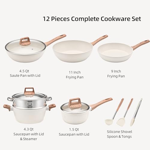 0TO1 12-Piece Cooking Set, طقم قدور, قدور جرانيت, Granite Coating Pots and Pans for All Stoves Including Induction, Oven Safe White Cookware Set
