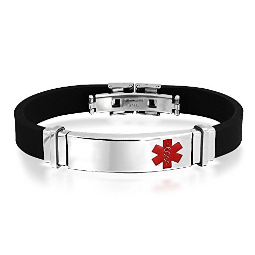 Engravable Medical ID Identification Bracelet for Men for Teen Silver Tone Stainless Steel Black Trim-to-Fit Adjustable Rubber Silicone 8.5 Inch
