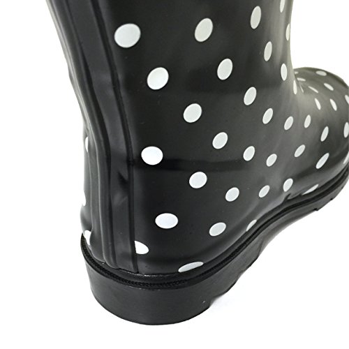 G4U Women's Rain Boots Multiple Styles Color Mid Calf Wellies Buckle Fashion Rubber Knee High Snow Shoes (8 B(M) US, Black Polka Dots)