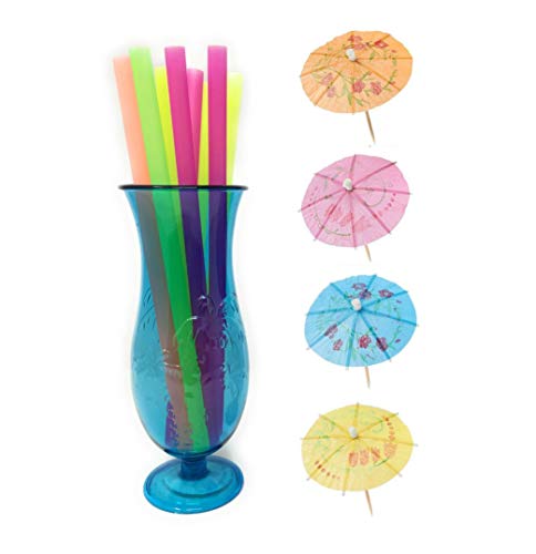 Cocktail straws and umbrellas set – ready for big cocktail party – basic drink decoration set – ideal for tiki mugs - hawaiian pool party supply - paper parasol umbrella extra large plastic straws set