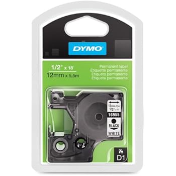 DYMO Model 16955 Black-On-White Permanent Plastic Tape, 1/2in. x 18ft, DYMO Authentic