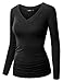 TWINTH Womens Deep V-neck Drape Shirring Long Sleeve Shirts