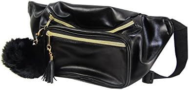 Faux Leather Belt Bag with Removable Faux Fur Pom Pom and Tassel Charm (Black)