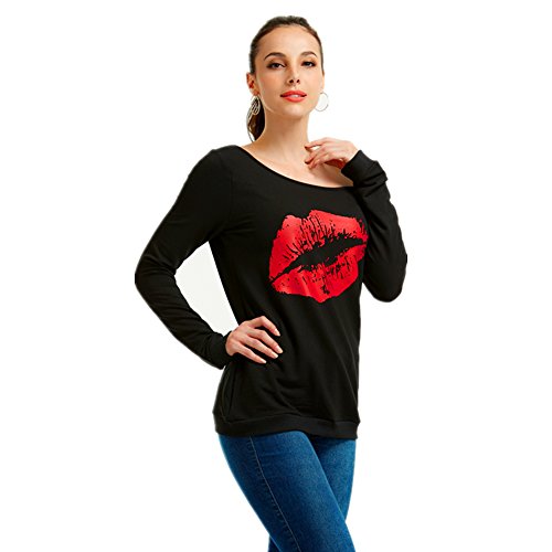 MAGICMK Women's Sexy Pullover Lips Print Casual Off The Shoulder Slouchy Shirt (L, Black+Red) - Thumbnail 5