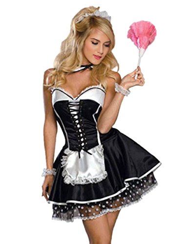 sexy Taffeta-like French Maid cosplay Dress with Polka Dot Lace Underskirt