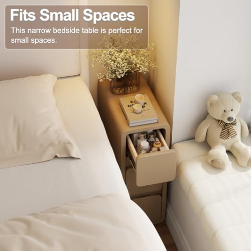 AQIMUELE Slim Bedside Table with 3 Drawers No Installation Leather Surface for Bedroom Living Room Width 20cm (Khaki)