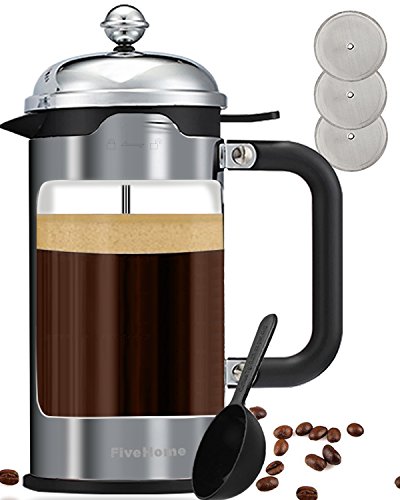 Click Here to See More Images French Press Coffee Maker (8 Cup /34 Oz), FiveHome Luxury Coffee & Tea Makers with 304 Grade Stainless Steel- Heat Resistant Glass -100% BPA free- 3 Bonus Filter Screen