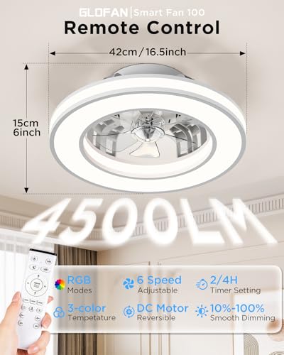 GLOFAN Ceiling Fan with Light and Remote Control Ø42 cm, 3000K-4000K-6500K+RGB Ceiling Fan Silent Bedroom, 6 Speed, Timer, Memory Light, Reversible Fan
