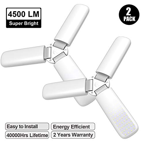LED Garage Lights 4500LM LED Basement Lights 45W Led Shop Lights Deformable Led Garage Ceiling Lighting Daylight LED Light Bulbs Adjustable for Garage, Workshop, Workbench, Barn, Warehouse, 2 Pack