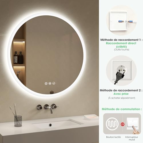 S'bagno Round Bathroom Mirror 70 cm, Bathroom Mirror with Lighting and Bluetooth, Anti-Fog, 3000K-6500K, Dimmable, HD Tempered Glass, IP44 LED Bathroom Mirror with Memory