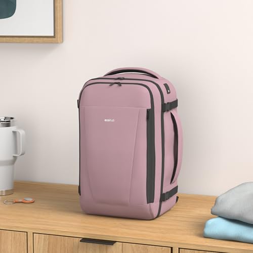 ECOHUB Ryanair Travel Backpack 40 x 20 x 25 cm 13 Pockets Hand Luggage Under the Seat Handle Eco Friendly Airplane Bag in Recycled PET 20 Litres, Patented (Pink)