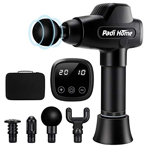Padi Home Massagepistole, Massagegerät für Tiefengewebsmassage, Handmassagegerät mit 4 Massageköpfen und 20 Verschiedene Intensitätsstufen, Ruhiges Design, Schwarz