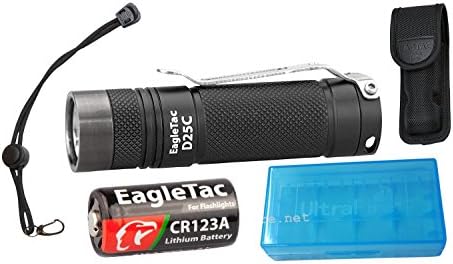 EagleTac D25C RC Cree XM-L2 U4 Cool White LED Powerful 519 Lumens Flashlight Bundle, Includes Pocket Clip, Nylon Holster, Paracord Lanyard, CR123A Battery, TradingBuzz Battery Case