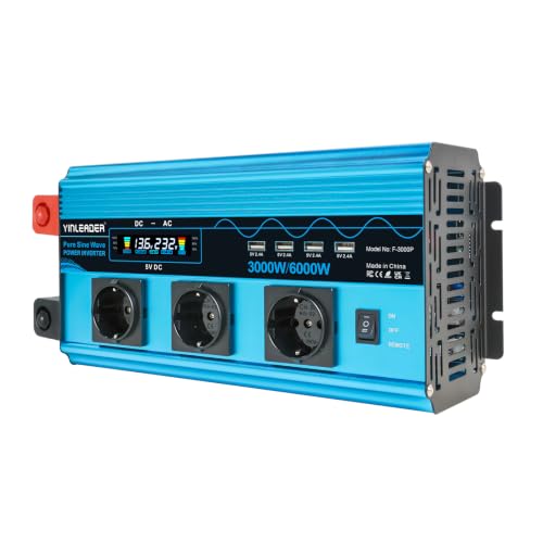 Yinleader Converter 12v 220v Pure Sine 3000W/6000W Pure Sine Inverter 3 European Sockets and 4 USB Ports LCD Voltage Display (with Remote Control)