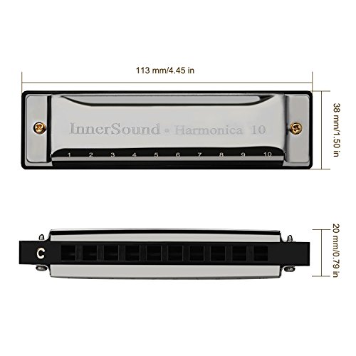 Harmonica, InnerSound Standard Diatonic Harmonica 10 Holes Blues Harp with Case, Key of C, for Blues Rock Country Folk Jazz, Black - Thumbnail 2