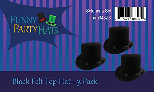 Black Felt Top Costume Magician Hats by Funny Party Hats (3 Pack)
