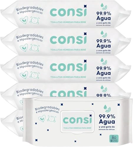 Consi Toallitas Humedas Bebe y Niños (99.9% Agua), Hipoalergénicas para Piel Sensible, Libre de Sulfatos, Parabenos y Fragancias, Biodegradables, Toallas húmedas | 6 paquetes con 480 Toallitas