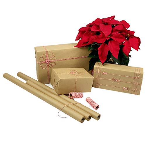 Plain Kraft Postal Wrap Brown Kraft Paper, 3 Rolls, with Red Baker\'s Twine