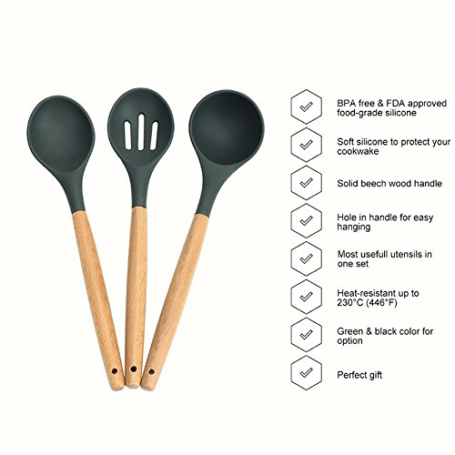 Cooking Utensils Silicone - Kitchen Silicone Utensil Set of 9 Wooden Silicone Kitchen Utensil - Silicone Spatula Set Tools for Cooking - Easy Wash,Grey - Thumbnail 2