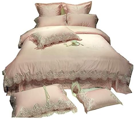 BJGCWY French 60 Long Cotton Embroidery Cotton Four-Piece Princess Wind Lace Pink Wedding Bedding