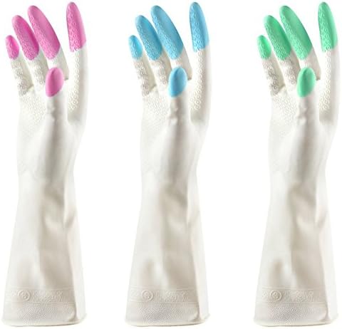 NetBoat 3 Pair Waterproof Rubber Latex Cleaning Gloves for Kitchen Dish Washing Laundry Cleaning (Medium, 3 bright finger colors)