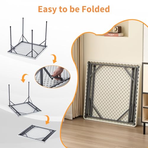 MOMENT Square Plastic Folding Table 88×88×75cm, Portable Foldable Lightweight Table HDPE Desktop with Steel Legs for Indoor Outdoor Camping Garden Picnic BBQ Party (White)