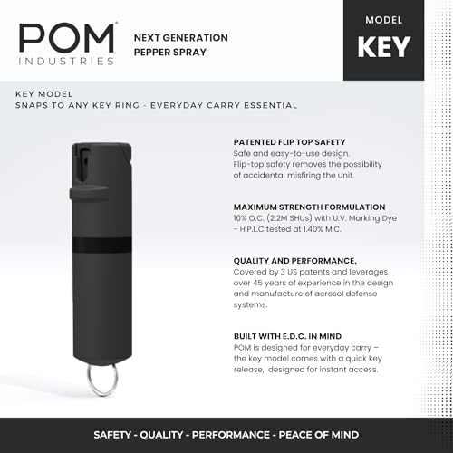 POM Premium Pepper Spray Keychain, Quick Release Access Flip Top Safety, Police Grade OC Formula with UV Marking Dye, 25 Precision Bursts, 10 Foot Effective Range, Made in USA