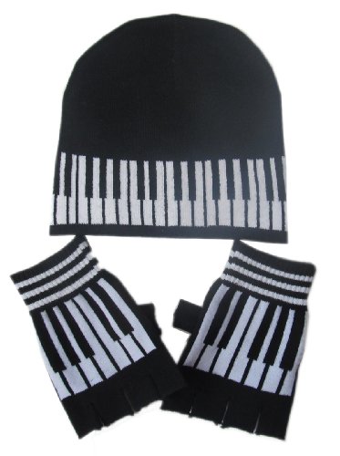 Black & White Music Piano Winter Hat Cap Beanie, Glove, Keychain Set
