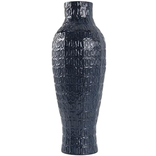 DECO 79 METAL DECORATIVE VASE DIMENSIONAL TEXTURED CENTERPIECE VASE WITH WAVY PATTERN, FLOWER VASE FOR HOME DECORATION 9″ X 9″ X 24″, DARK BLUE