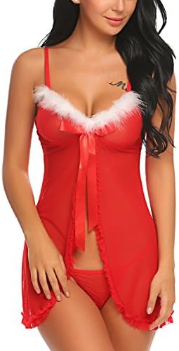 ADOMEChristmas Lingerie for Women Sexy Santa Costume Red Xmas Babydoll Chemises Lace Sleepwear Nighties Plus Size
