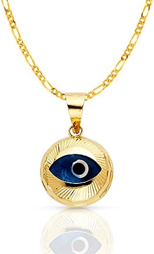 Ioka Jewelry - 14K Yellow Gold Blue Evil Eye Fluted Round Charm Pendant with 2.3mm Figaro 3+1 Chain Necklace - 24"