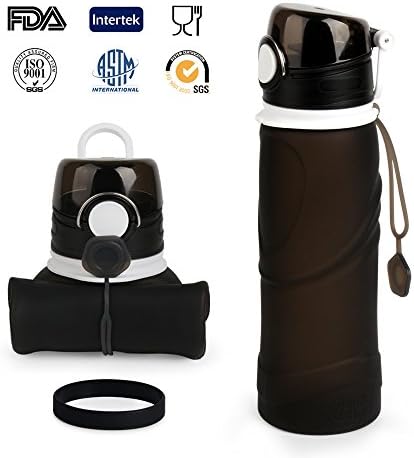 Collapsible Foldable Sports Water Bottle 750ML with Sports Wristband Bracelet Leak Proof 100% BPA Free, PDA approved, Medical grade silicone, for Outdoors, Biking and Traveling(Black)