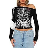 Women's Off The Shoulder Long Sleeve Shirts Corpped Tight Y2k Outfits for Women Vintage Goth Graphic Tee Tops