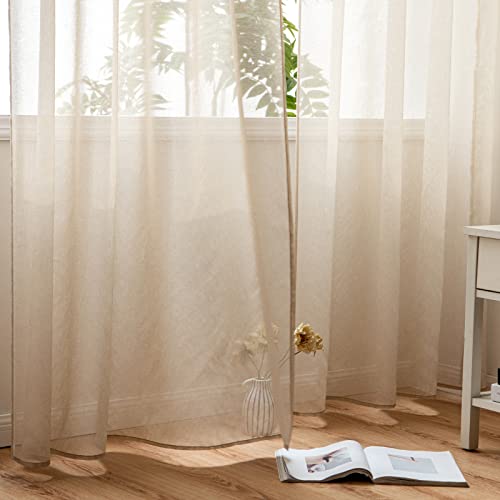 Woaboy Interior Curtains, 2 Pieces, 140 x 200 cm, Semi-Transparent Voile Window Curtains for Living Room and Bedroom for Home Decor, Beige