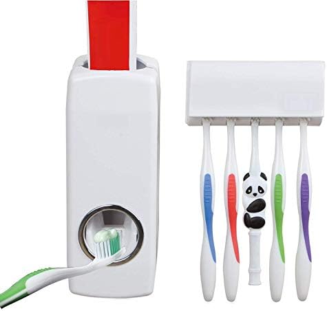 EXSESON Toothpaste Dispenser Automatic with 5 Toothbrush Holder with Sticky Suction Pad