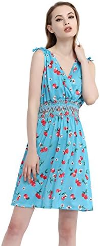 Jinhuanshow Women's Low Cut Printed Above Knee Sleeveless Dresses(M,Lake blue)