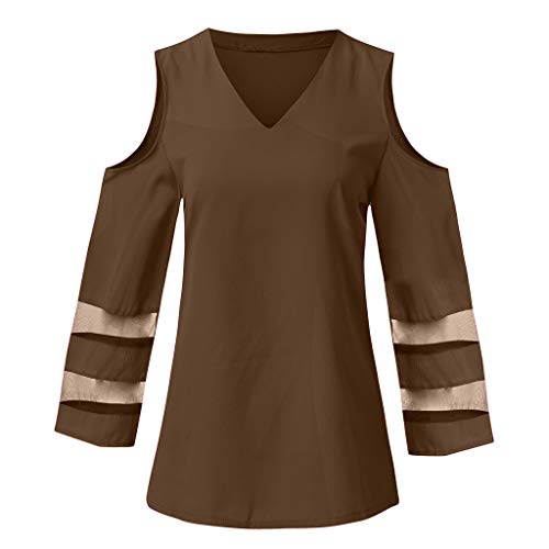 Finedayqi Woman Dress,Women Button V Neck Mesh Panel Blouse 3/4 Bell Sleeve Loose Top Shirt CO/XL Coffee