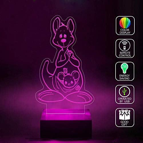 3D Illusion LED Projector Lamp Kangaroo Art Map Home Bedroom Decorative 3D Lamp RGB Full Color 44 Key Remote Control USB Cable Lamp Best Gift Desk Table Lighting Toys