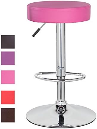 Modern Swivel Adjustable Height Bar Stool With Round Leather Seat and Chrome Leg Bar Chair Pink Set of 1